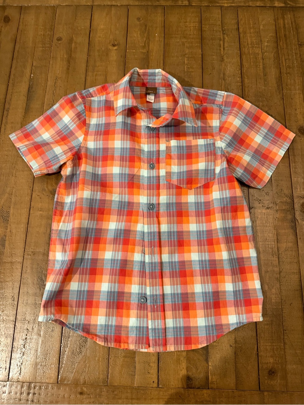 Boys Short-Sleeve Plaid Button-Up Shirt — Orange & Blue
